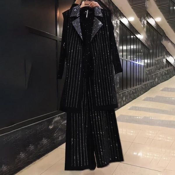 

women's two piece pants large size 3xl-6xl autumn long sleeve t-shirts+vests+wide-leg heavy industry bright diamond three-piece women f, White