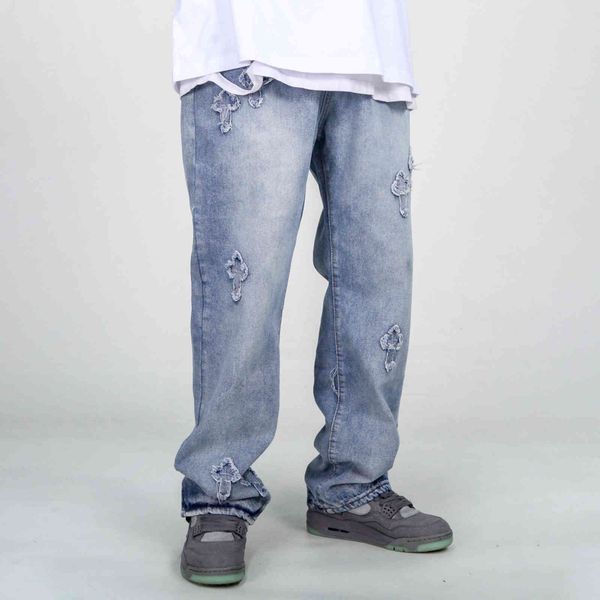 

crosin high street vibe fashion old cross jeans men and women's same casual slim loose washed long pants, White;black