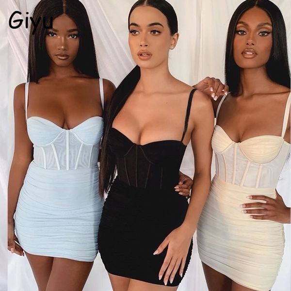 

giyu mesh night club party dress women summer spaghetti strap backless bodycon mini dresses elegant ruched vestidos 210316, Black;gray