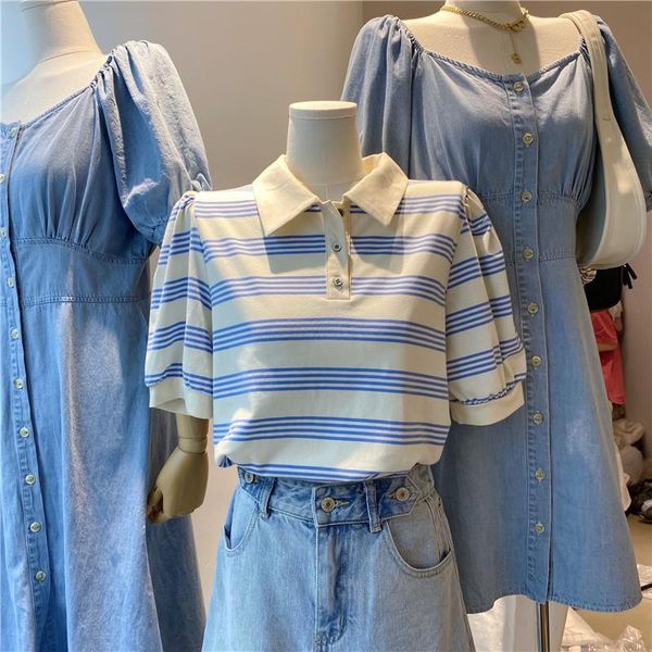 

women's t-shirt 2021 short sleeve female summer korean ins fashion collar stripe loose and versatile sweet top, White