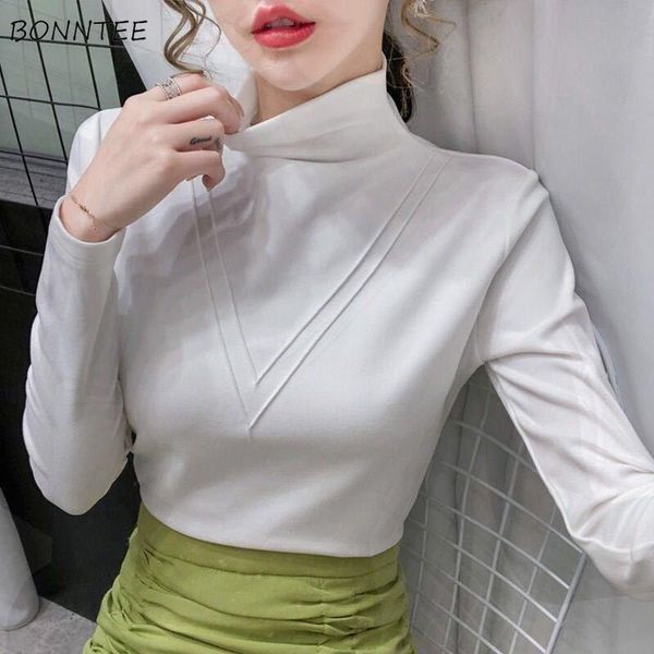 

women's t-shirt long sleeve t-shirts women plus size half turtleneck warm simple solid elegant fashion slim all-match basic leisure har, White