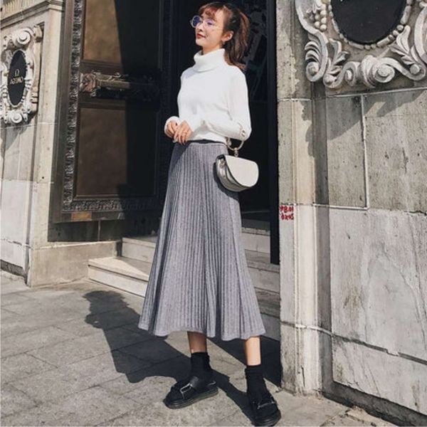 

popular fashion autumn korean and winter pleated 2020 long new wool high waist knitted skirt medium length hot, White;black