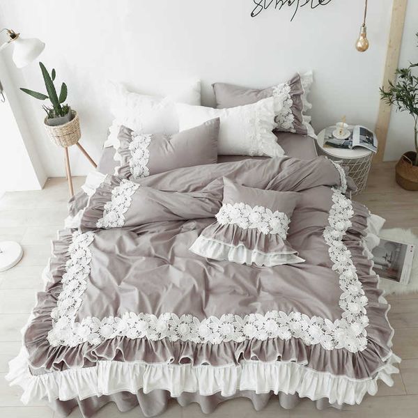 Set biancheria da letto Queen Size 100% cotone Gonna in pizzo stile coreano Abiti in puro cotone King housse de couette 210615