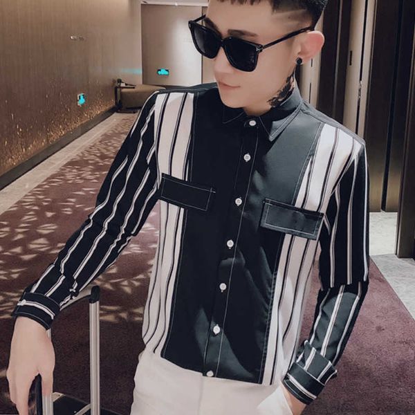 

striped shirts for men autumn long sleeve casual streetwear shirt social party nightclub men clothing camisas para hombre 210527, White;black