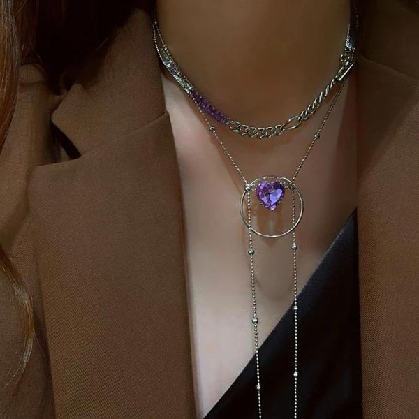 

pendant necklaces huanzhi 2021 design beads tassel purple crystal heart metal circle necklace for women girls trendy link chain party jewelr, Silver