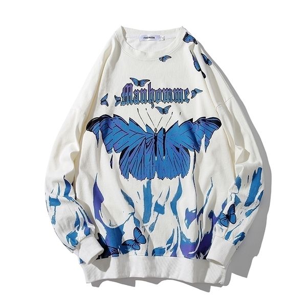 

butterfly fire flame print sweatshrit men streetwear hip hop casual long sleeve pullover men harajuku hipster fashion 201020, Black