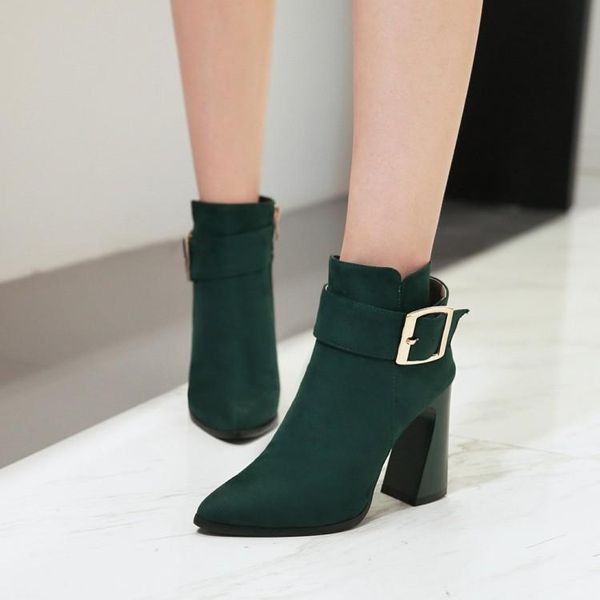 

boots oversized euro-american wind-tipped thick heel side zipper metal decorative short, Black