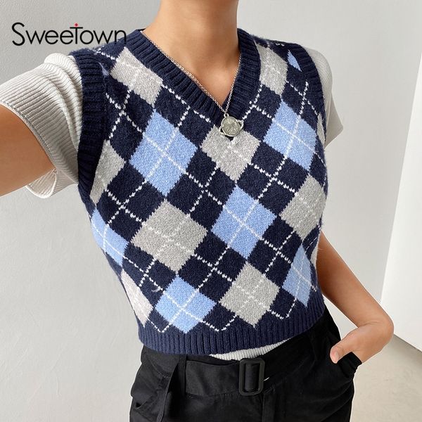 

sweetown argyle plaid knitted tank female knitwear preppy style y2k clothes v neck casual crop sweater vest 90s streetwear 210308, Black