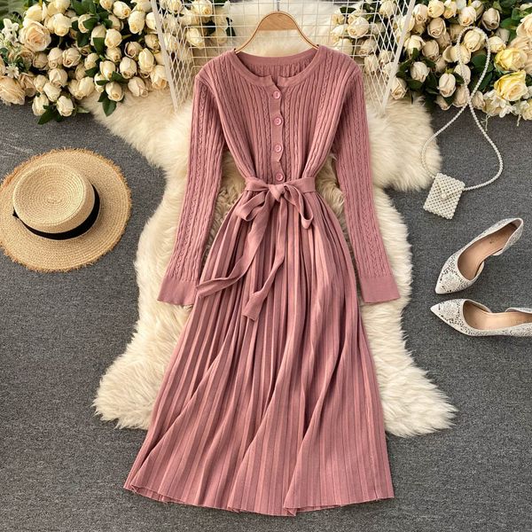 

y women french knitted pleated dress elegant solid long sleeve button dresses autumn fashion warm a-line sweater dress, Black;gray