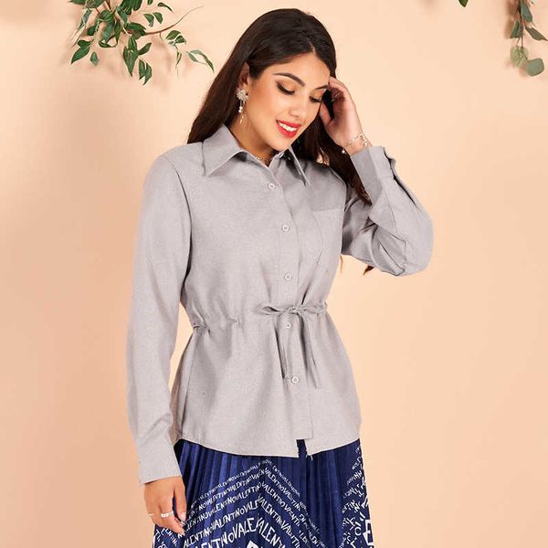 

women's blouses & shirts spring autumn style cotton and linen drawstring waist long-sleeved shirt cne6, White