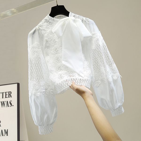 

women's lace blouses female long flashlight sleeveless fiminine sweet bow office blouse chic dw6o, Black