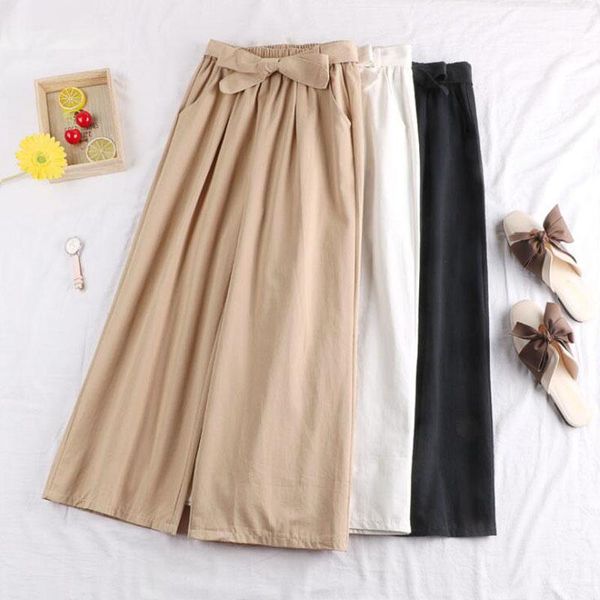 

women's pants & capris 2021 spring summer cotton bow solid wide leg elastic high waist loose casual straight ankle-length long trousers, Black;white