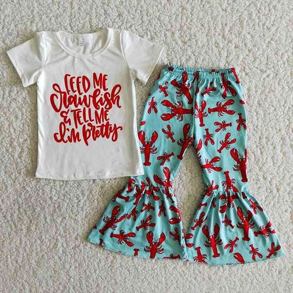 

toddler cute infant girl letter print short sleeve t-shirt lobster bell bottom fashion baby outfit wholesale boutique clothes, White