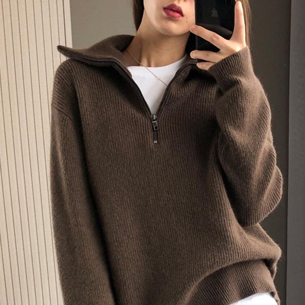 

women's two piece pants autumn and winter pure cashmere sweater, high neck zipper loose lazy knitted thickened, White