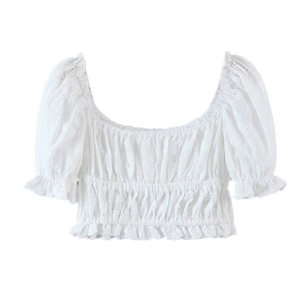 

2021 palace ruched elastic embroidery hole crop shirt women wood ears ruffle short puff sleeve slim fit blouse french, White