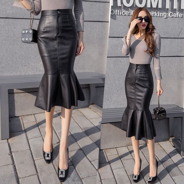 

autumn winter elegant pu leather skirt fashion package hip high waist slim mermaid skirt women feminina 210309, Black