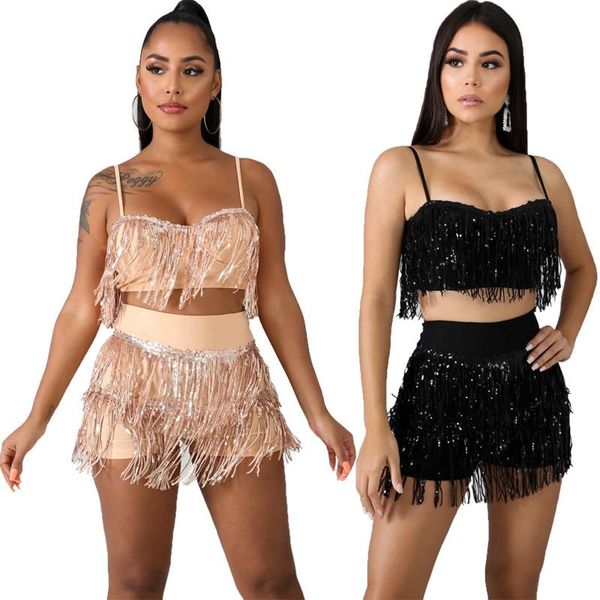 

women's tracksuits zaggin 2021 autumn women solid sequin tassel hollow out set spaghetti strap sleeveless short pants skinny 2-piece, Gray