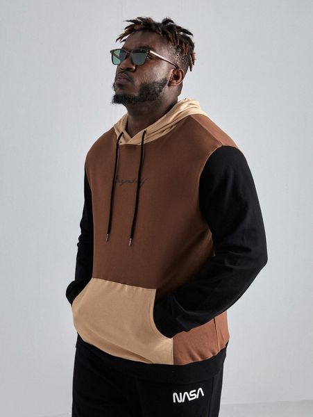 

extended sizes men color block letter graphic kangaroo pocket drawstring hoodie t6ic#, Black