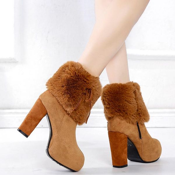 

boots 2021 high heel women's warm winter plush ankle fashion increase women shoes suede round toe flanging female booties, Black
