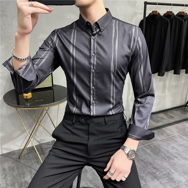 

skinny male striped 2021 spring long formal business casual shirt party streetwear clothes chemise homme 2qum, White;black