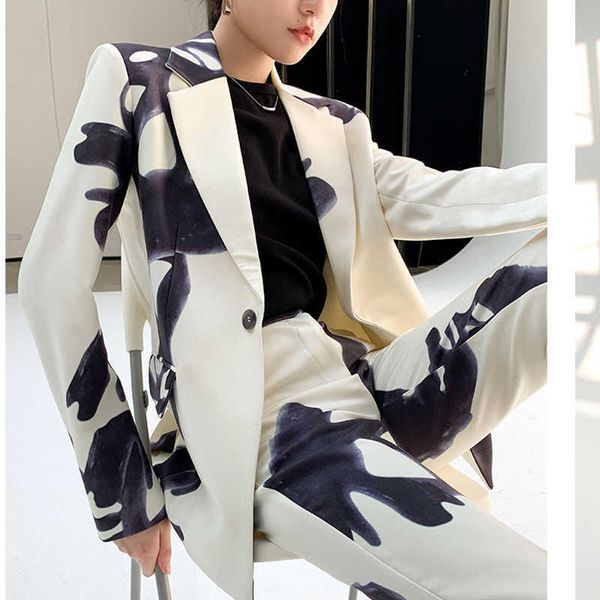 

women's two piece pants deat fashion women's clothes inlaid collar complete sleeve printed single breasted blazer and short set wo, White
