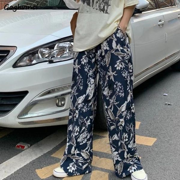 

women's pants & capris summer women floral printed loose casual straight elastic waist ladies trousers vintage retro streetwear all-mat, Black;white