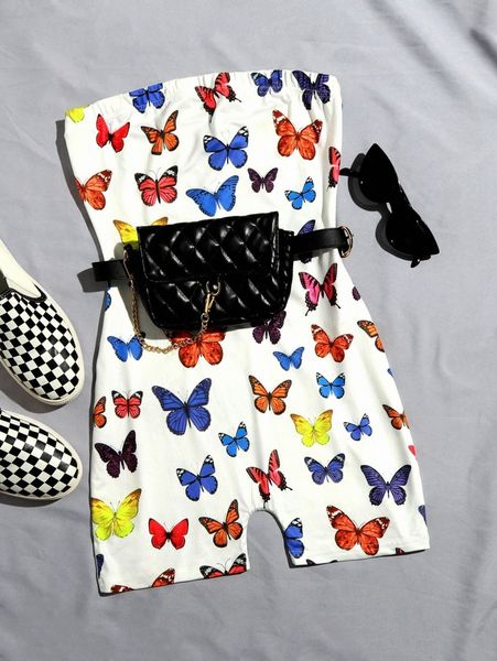 

butterfly print tube romper without bag p9je#, White