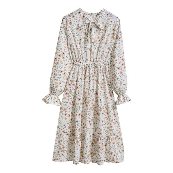 

casual dresses small floral women bottoming dress slim long-sleeved bowknot femme elastic waist mid-length robe moulante, Black;gray