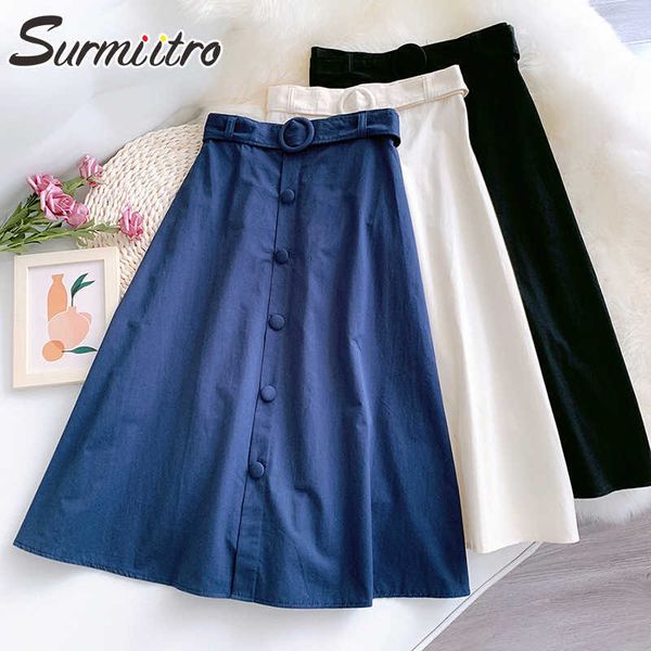 

surmiitro summer midi cotton skirt women korean style blue single breasted high waist mid-length a line skirt female belt 210712, Black