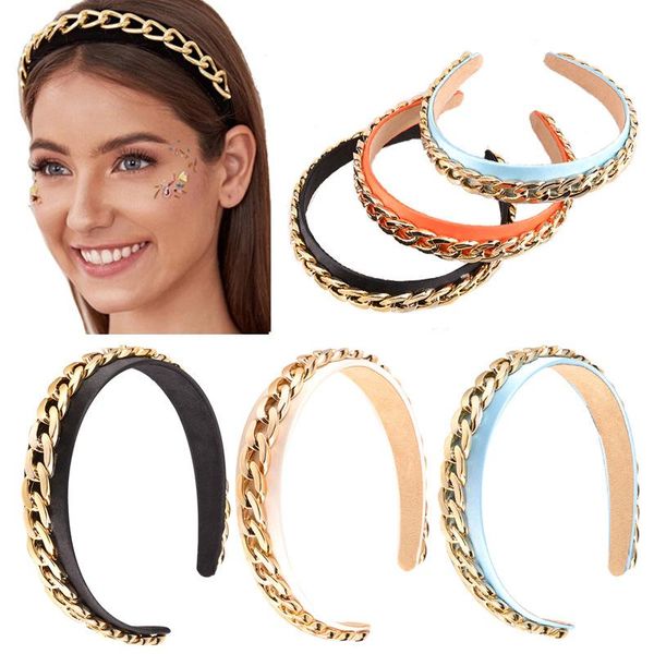 

hair accessories bohemian wide satin fabric headband for women fashion gold chain girls hairband bezel ins solid color