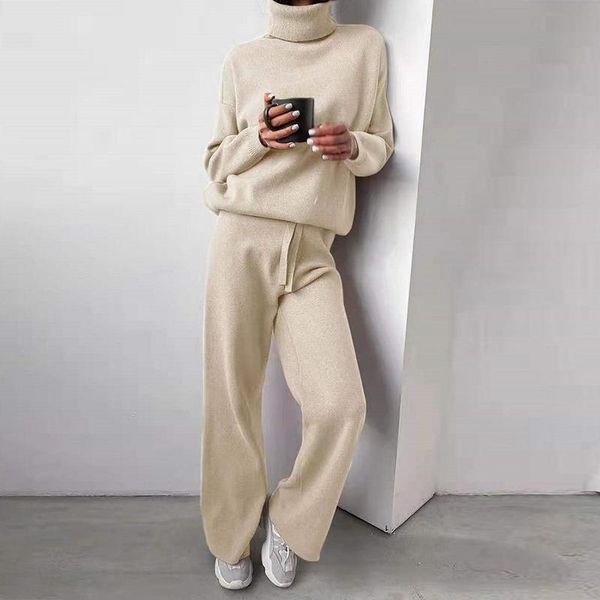

women's two piece pants fashion winter soft knitted lady 2 set women home suit homewear casual turtleneck pullover +pants outfits autum, White