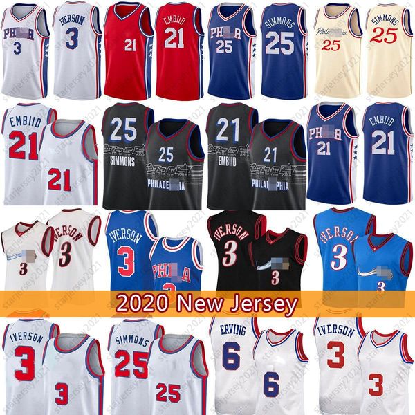 

2021 allen 3 iverson ncaa joel 21 embiid ben 25 simmons basketball jersey julius 6 erving 2021 new jerseys men's, Black;red