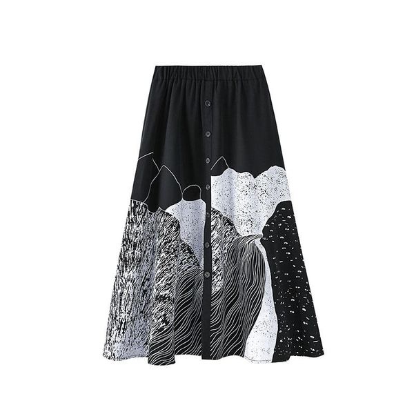 

skirts 2021 spring abstract printing single breasted medium length a-line casual women, Black