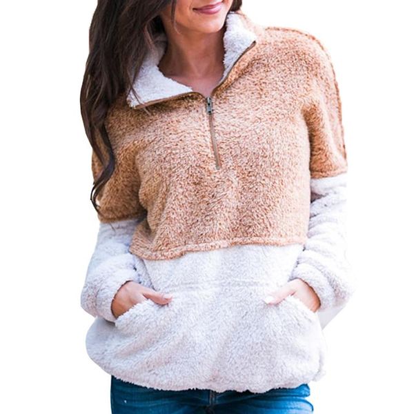 

women's hoodies & sweatshirts women fleece warm zipper pocket sweatshirt female lapel long sleeve splicing casual loose plush pullovers, Black