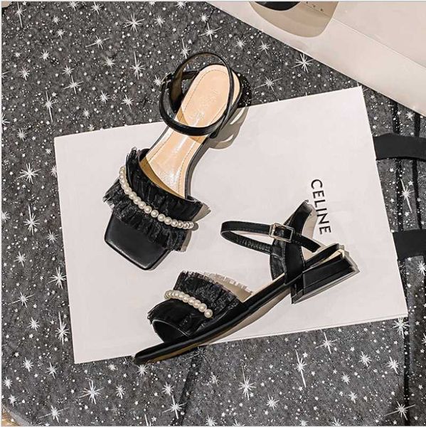 

sandals women 2021 summer fashion pearl net yarn fairy style thick heel mid-heel large size women's shoes 41-43, Black