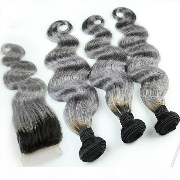 

1b grey brazilian ombre human hair bundles with silver grey lace closure two tone colored hair weave with closure body wavy 4pcs lot, Black