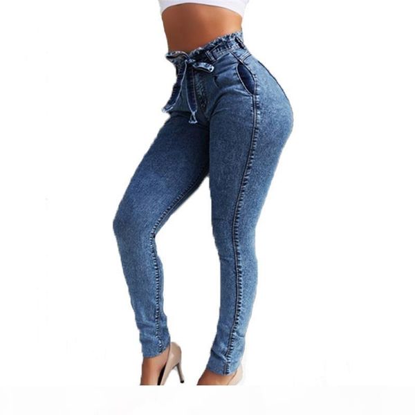 

autumn new women designer jeans fashion ruffled high waisted black long jeans with sashes casual womens designer pants, Blue