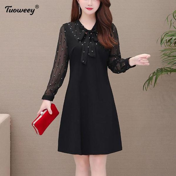 

casual dresses elegant black dress female bow collar elastic waist long sleeve patchwork knee length party women 2021 fashion, Black;gray