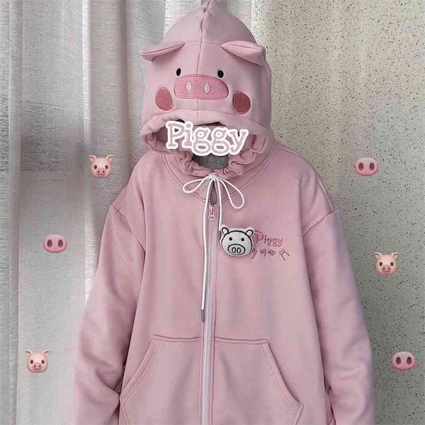 

deeptown kawaii hoodies women winter fashion pink zip up oversize long sleeve cute plus velvet sweatshirt 210813, Black