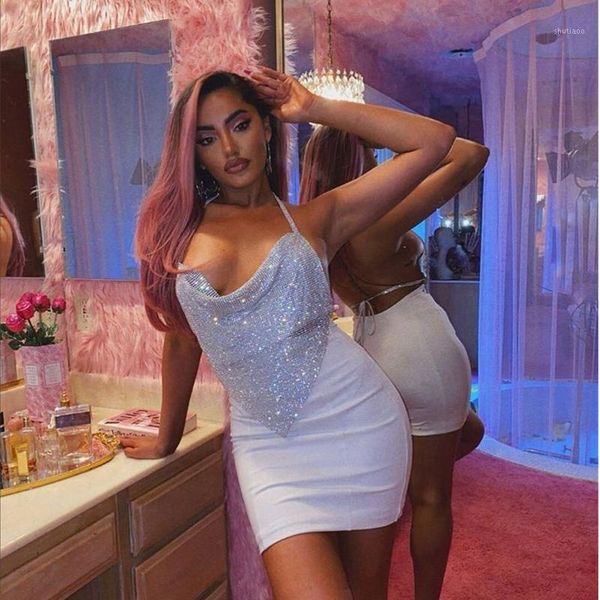 

shiny rhinestone backless hollow out tank luxury fashion sleeveless crystal halter adjustable crop nightclub women's tanks & c, White