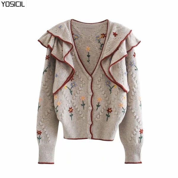 

yosicil chic floral embroidery sweater v ruffles cardigan sweater women long sleeve elegant lady knitted jersey mujer, White