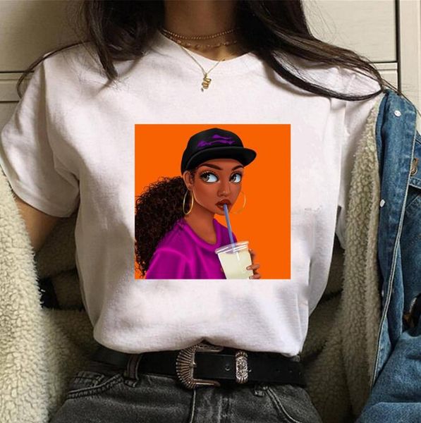 

2021 new ladies europe and the united states curly hair girl cartoon print short sleeve shirt fashion loose tide, White