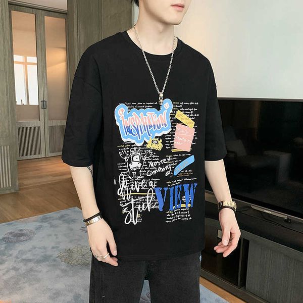 

men's short sleeve t-shirt 2021 summer trend korean loose cotton t-shirt half wear, White;black