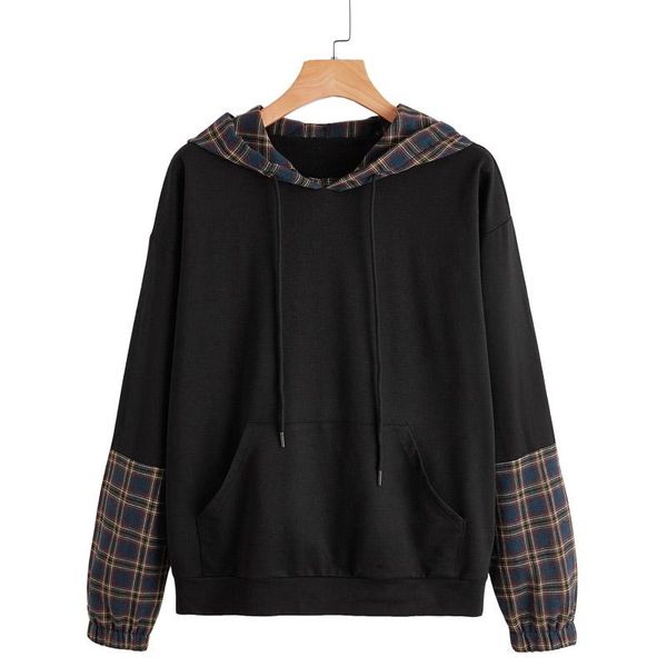 

plaid panel kangaroo pocket hoodie, Black