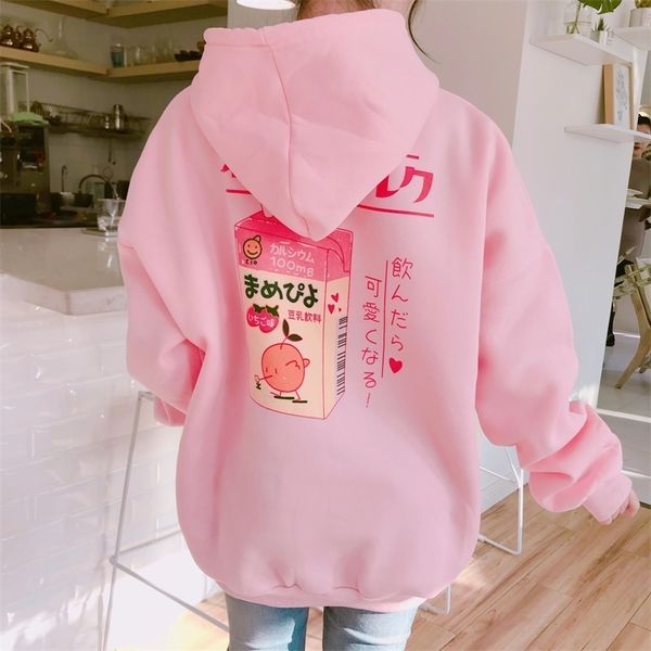 

new fashion cute cartoon printed back velvet thick hooded long sleeve female sweatshirts 201126, Black