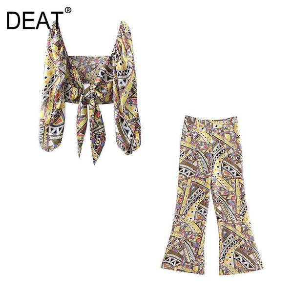 

[deat] summer fashion loose long sleeve v-neck printing high waist flare pants women two-piece suit 13c996 210527, White