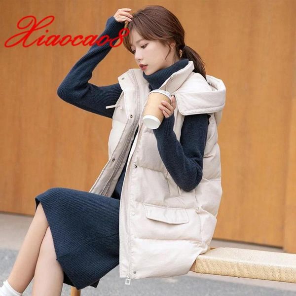 

2021 new fashion down cotton women vest solid hooded sleeveless jacket korean style woman parka long outerwear ladies vests, Black;white