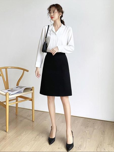 

skirts autumn solid women high waist work office ol suit skirt femme casual a-line j891, Black