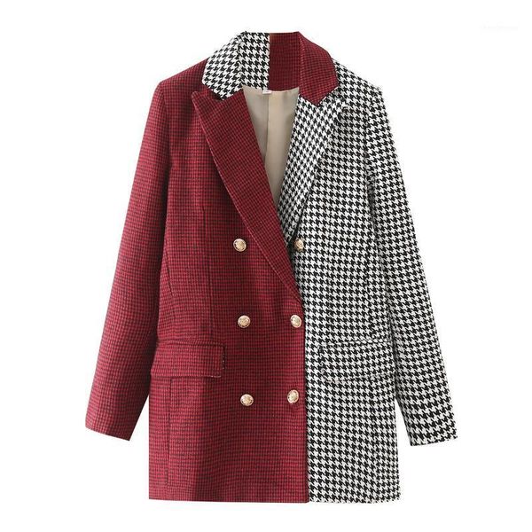 

women's wool & blends vintage luxury houndstooth splicing red weaving tweed coat women elegant lady double breasted lapel fashion jacke, Black