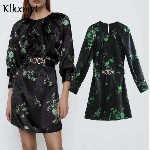 

klkxmyt za dress women chic fashion floral print mini vintage long sleeve with belt female es vestidos mujer 210527, Black;gray